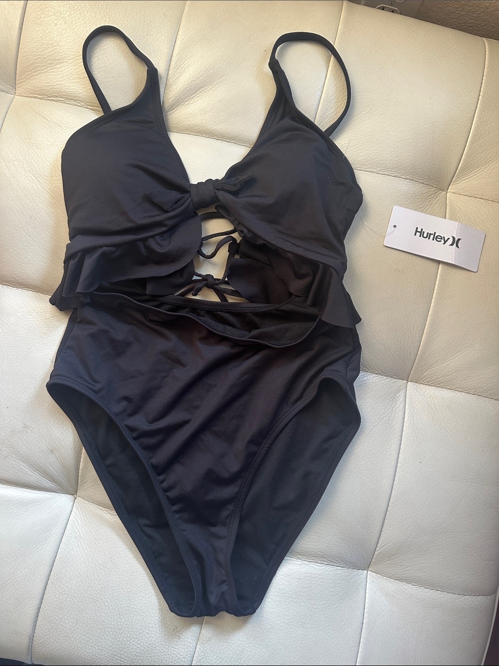 Hurley Black One-Piece Swimsuit with Front Knot & Lace-Up Cutouts
